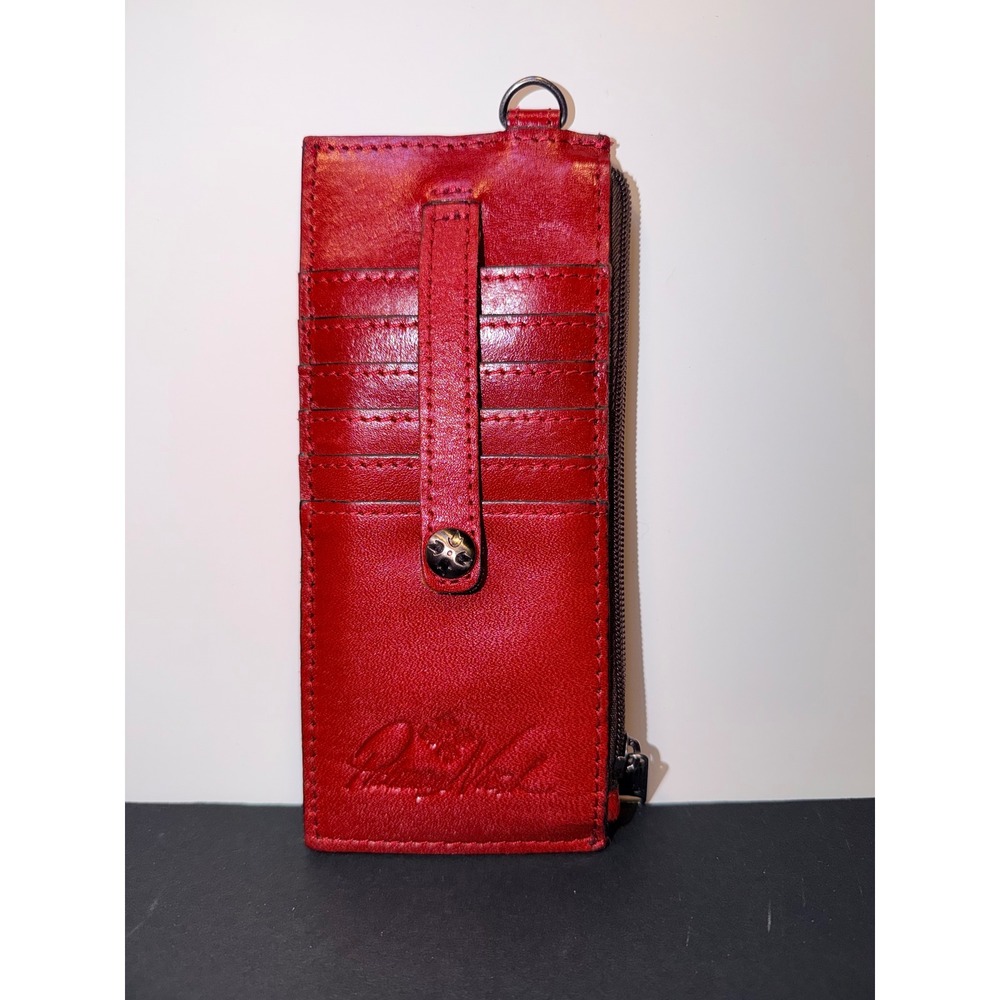 Patricia Nash Red Leather Slim Credit Card Case Wallet Zip ID Window